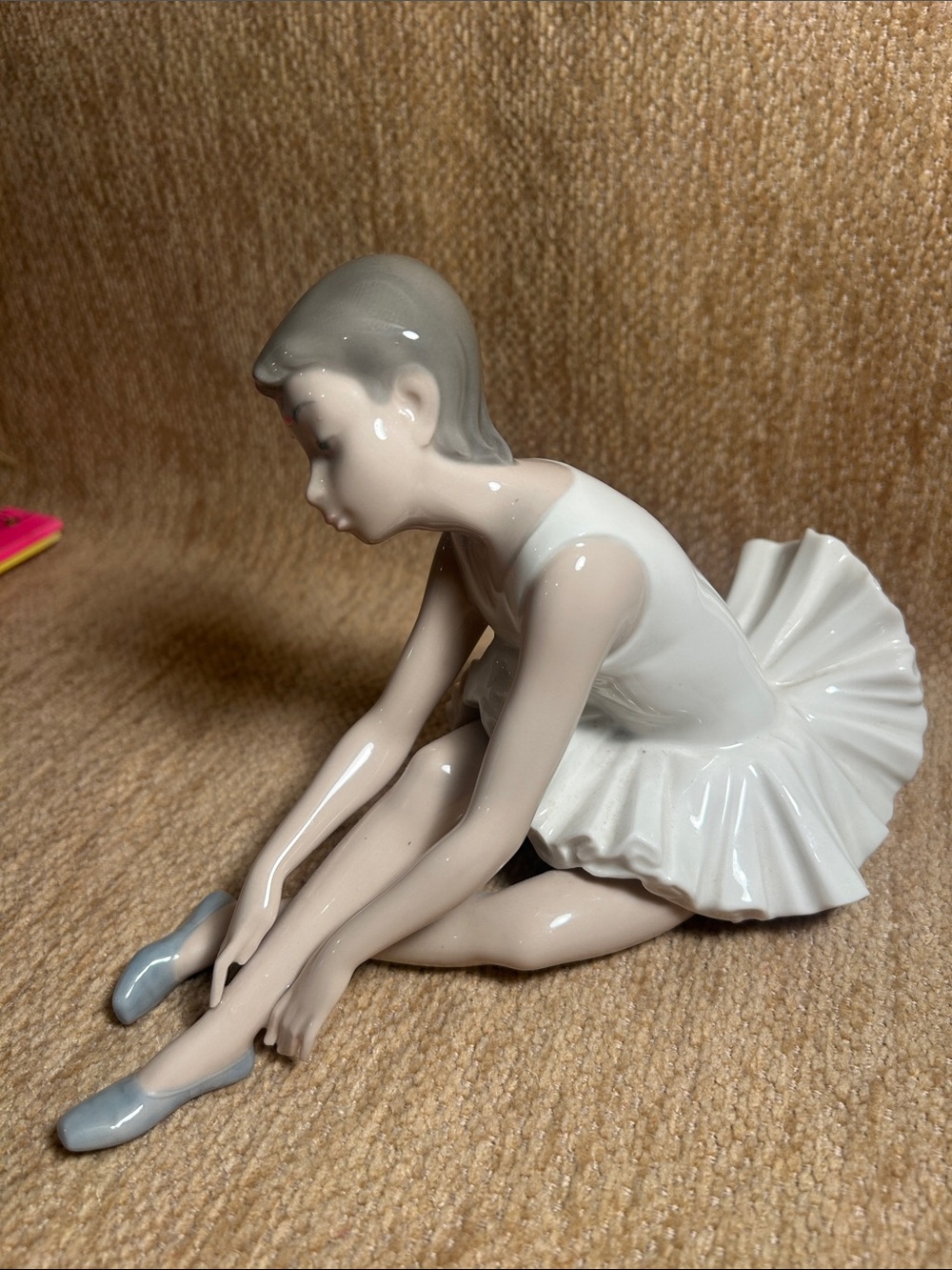 Lladro Porcelain Seated Ballerina in White with Blue Slippers